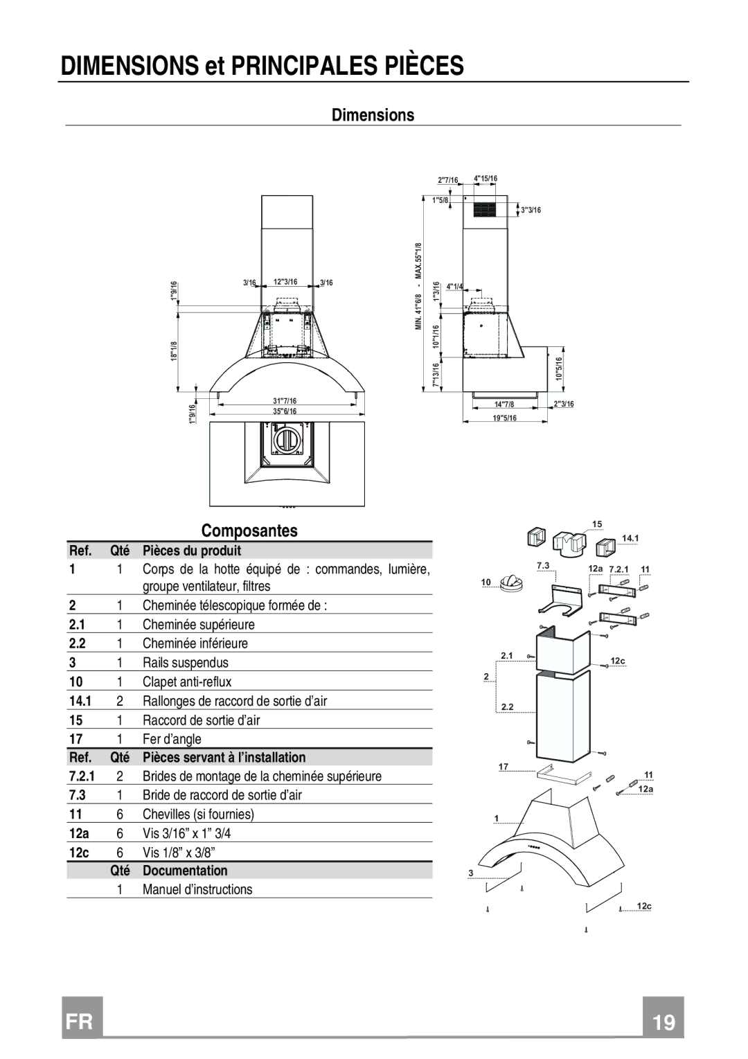 Franke Consumer Products FGA 364 W installation instructions Dimensions et Principales Pièces 