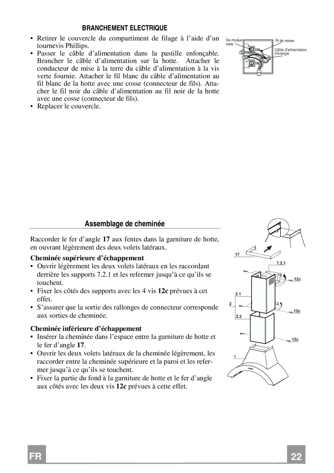 Franke Consumer Products FGA 364 W installation instructions Assemblage de cheminée, Branchement Electrique 