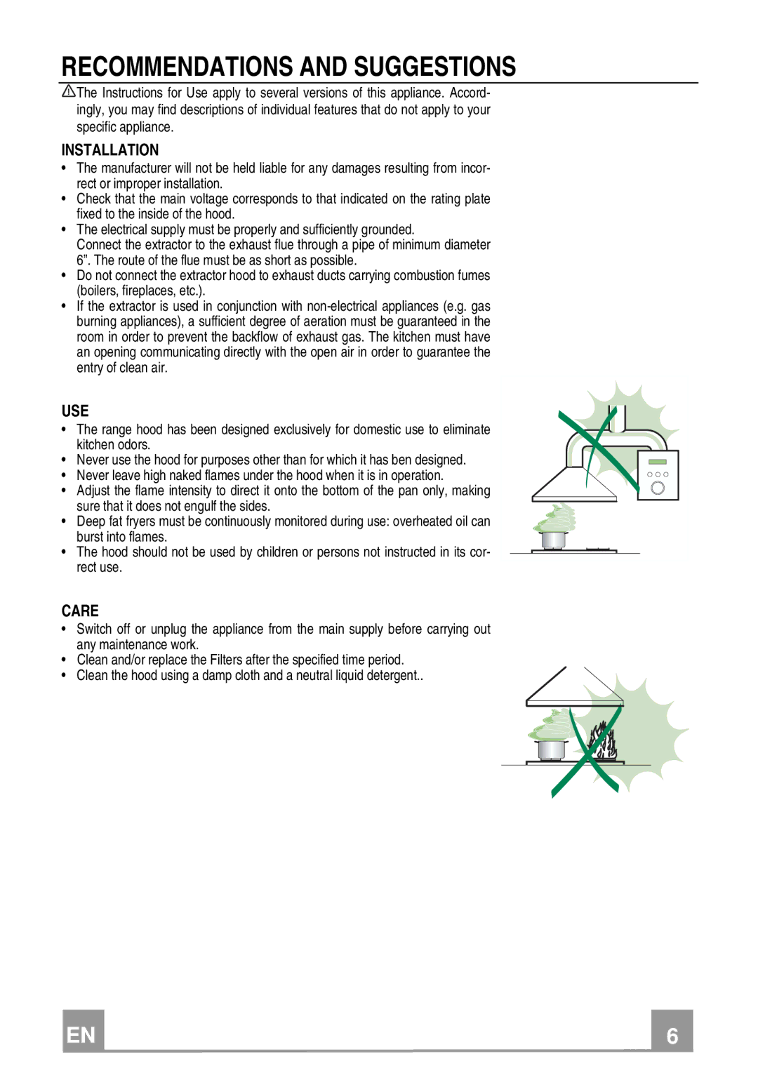 Franke Consumer Products FGA 364 W installation instructions Recommendations and Suggestions, Installation, Use, Care 