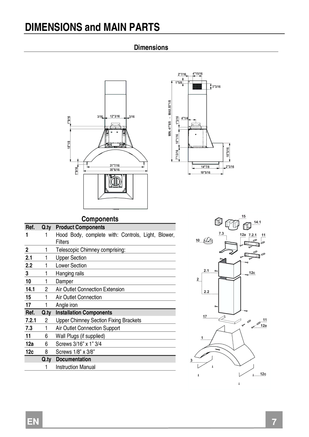 Franke Consumer Products FGA 364 W installation instructions Dimensions and Main Parts 