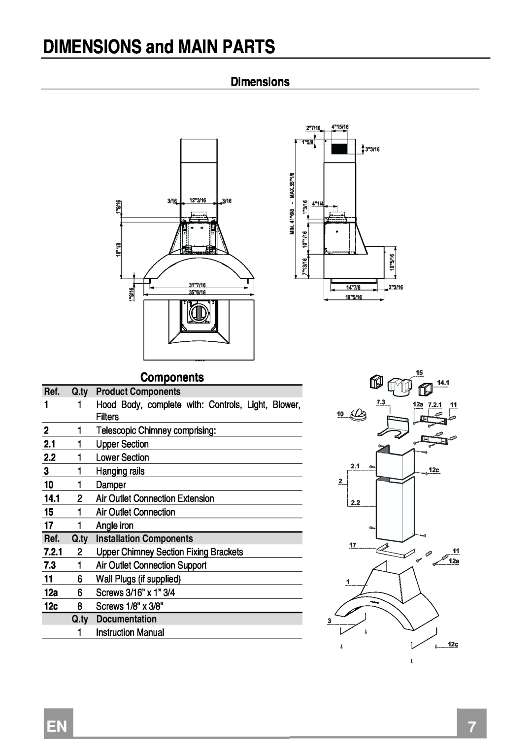 Franke Consumer Products FGA 364 W installation instructions Dimensions, DIMENSIONS and MAIN PARTS 