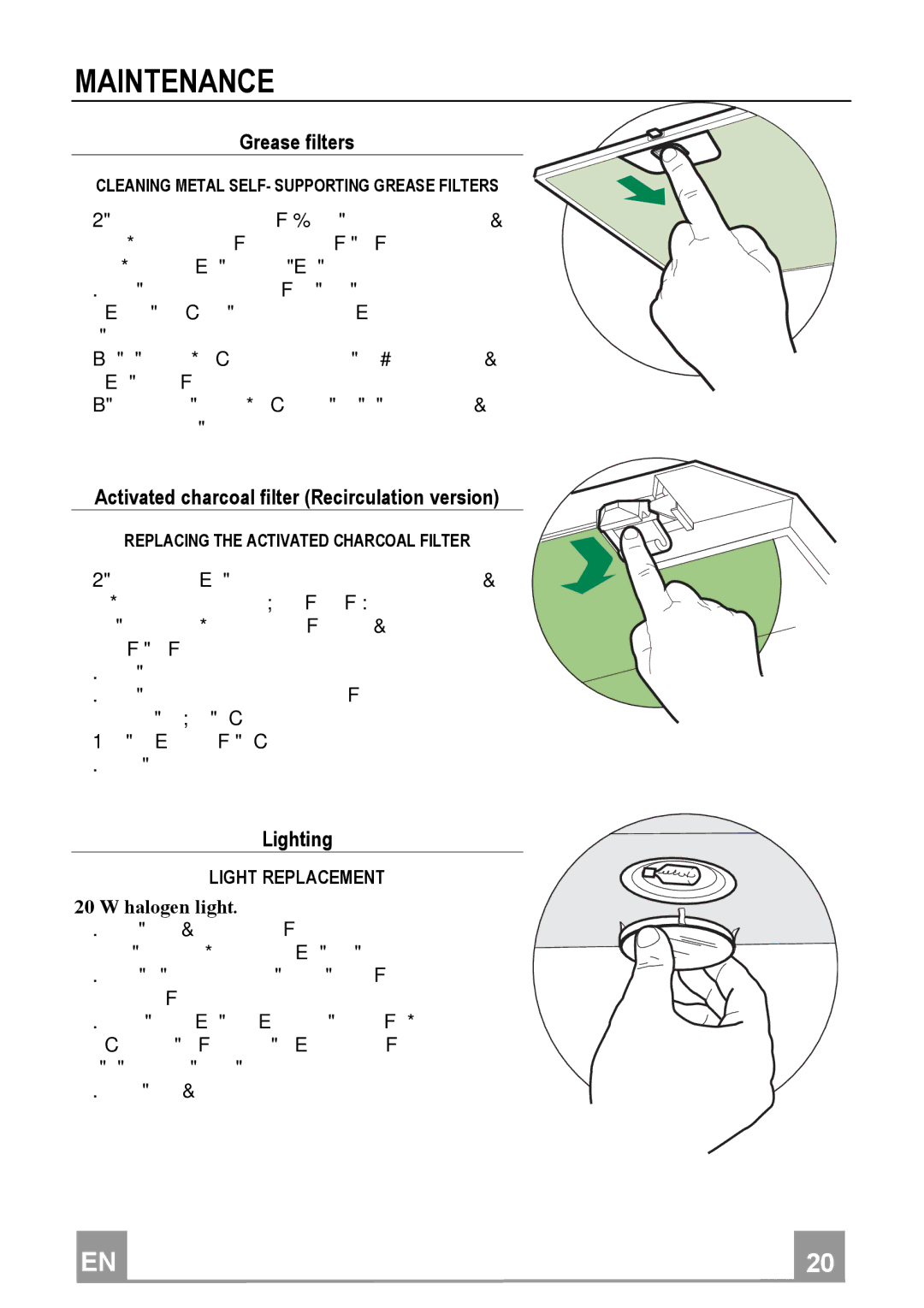Franke Consumer Products FGC 904 manual Maintenance, Greasefilters, ActivatedcharcoalfilterRecirculationversion, Lighting 