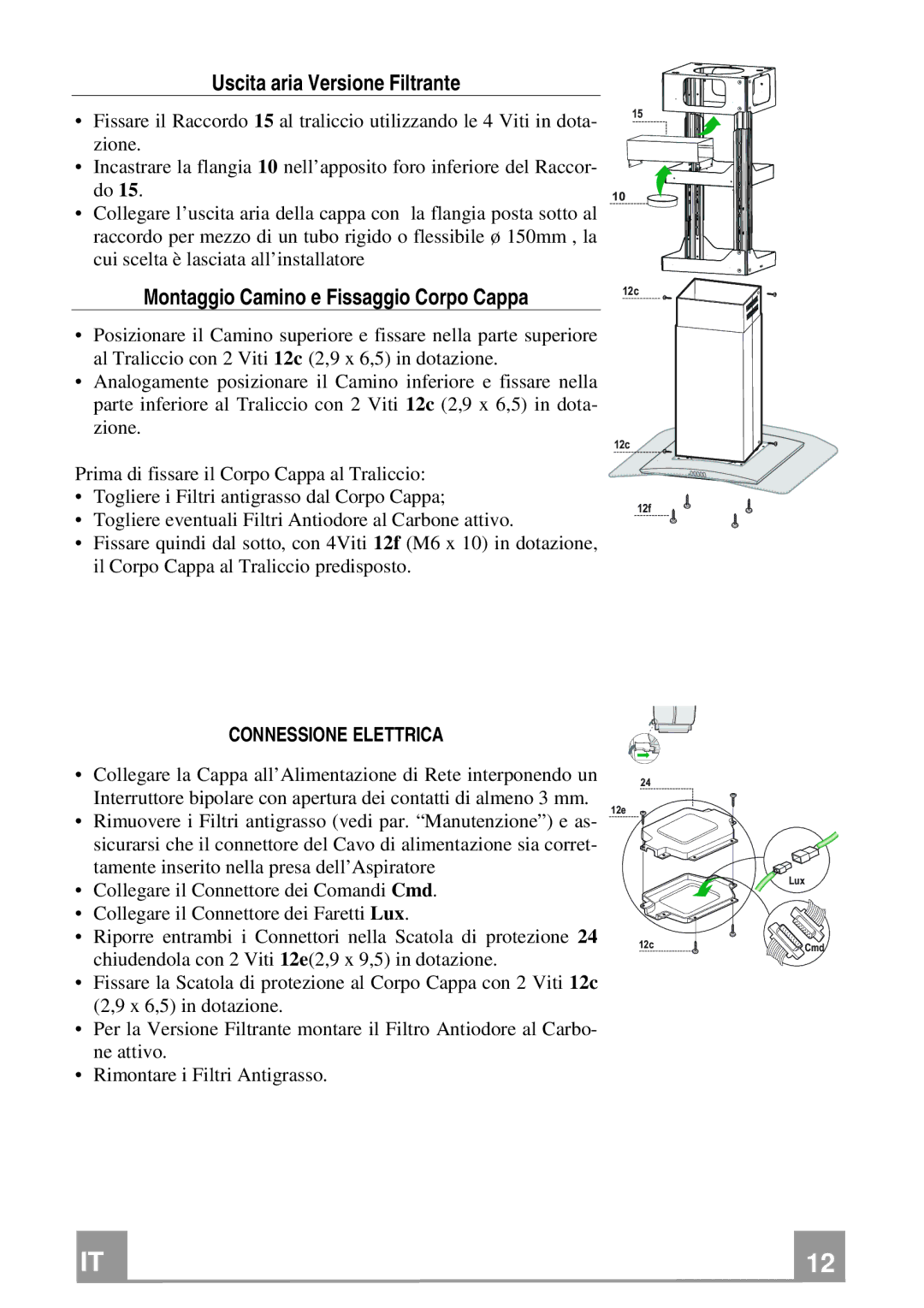 Franke Consumer Products FGC 906 I manual Uscita aria Versione Filtrante, Connessione Elettrica 