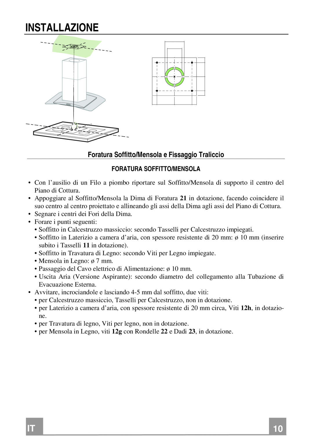 Franke Consumer Products FGC 906 I manual Installazione, Foratura Soffitto/Mensola e Fissaggio Traliccio 