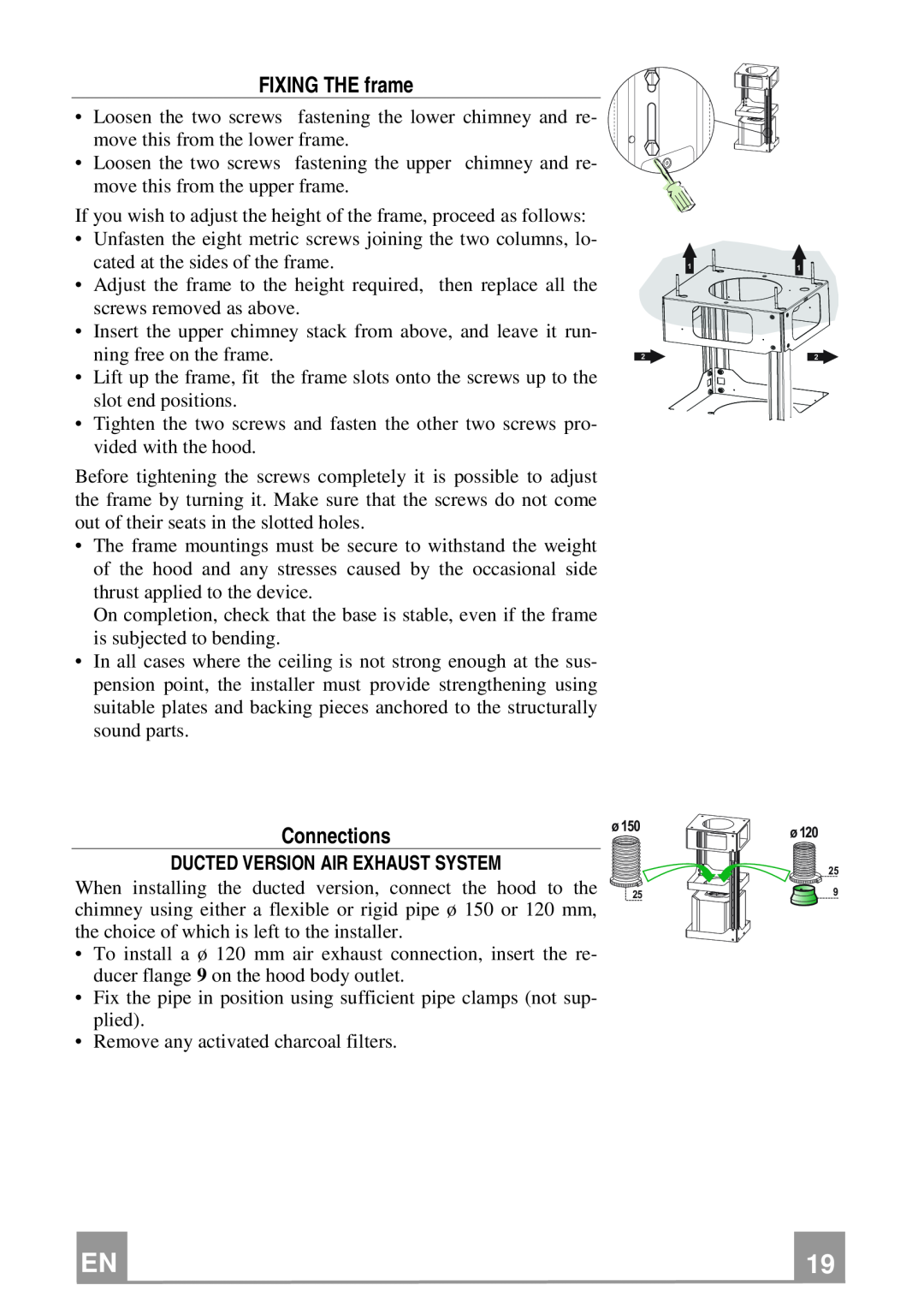 Franke Consumer Products FGC 906 I manual FIXING THE frame, Connections, Ducted Version Air Exhaust System 