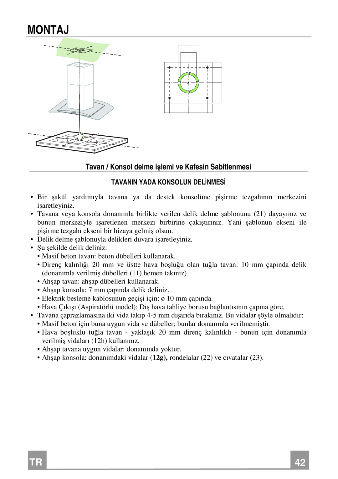 Franke Consumer Products FGC 906 I manual Montaj, Tavan / Konsol delme işlemi ve Kafesin Sabitlenmesi 
