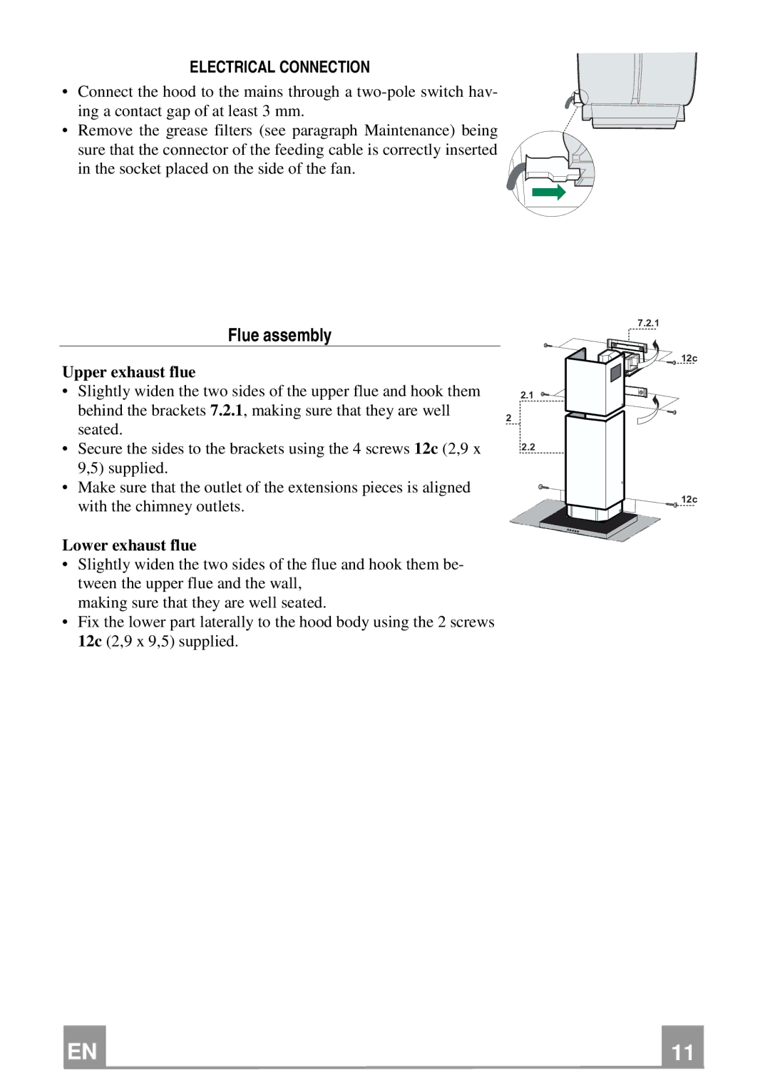 Franke Consumer Products FGL 9104 XS ECS Flue assembly, Electrical Connection, Upper exhaust flue, Lower exhaust flue 