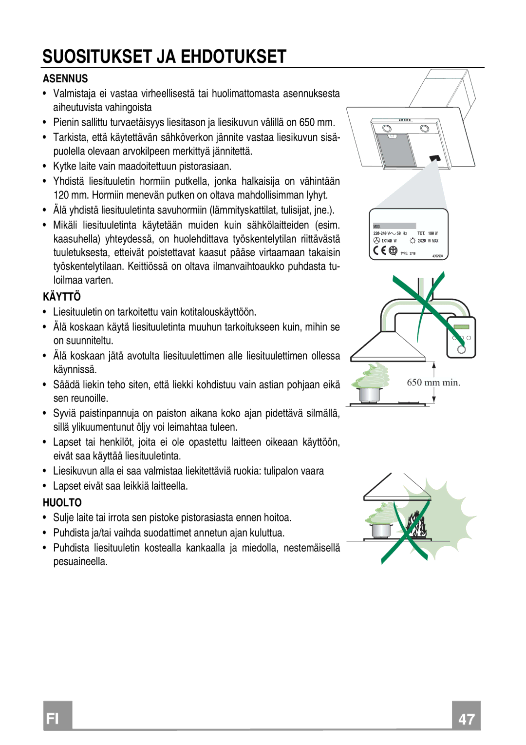 Franke Consumer Products FGL 9104 XS ECS, FGL 6104 XS ECS manual Suositukset JA Ehdotukset, Asennus, Käyttö, Huolto 