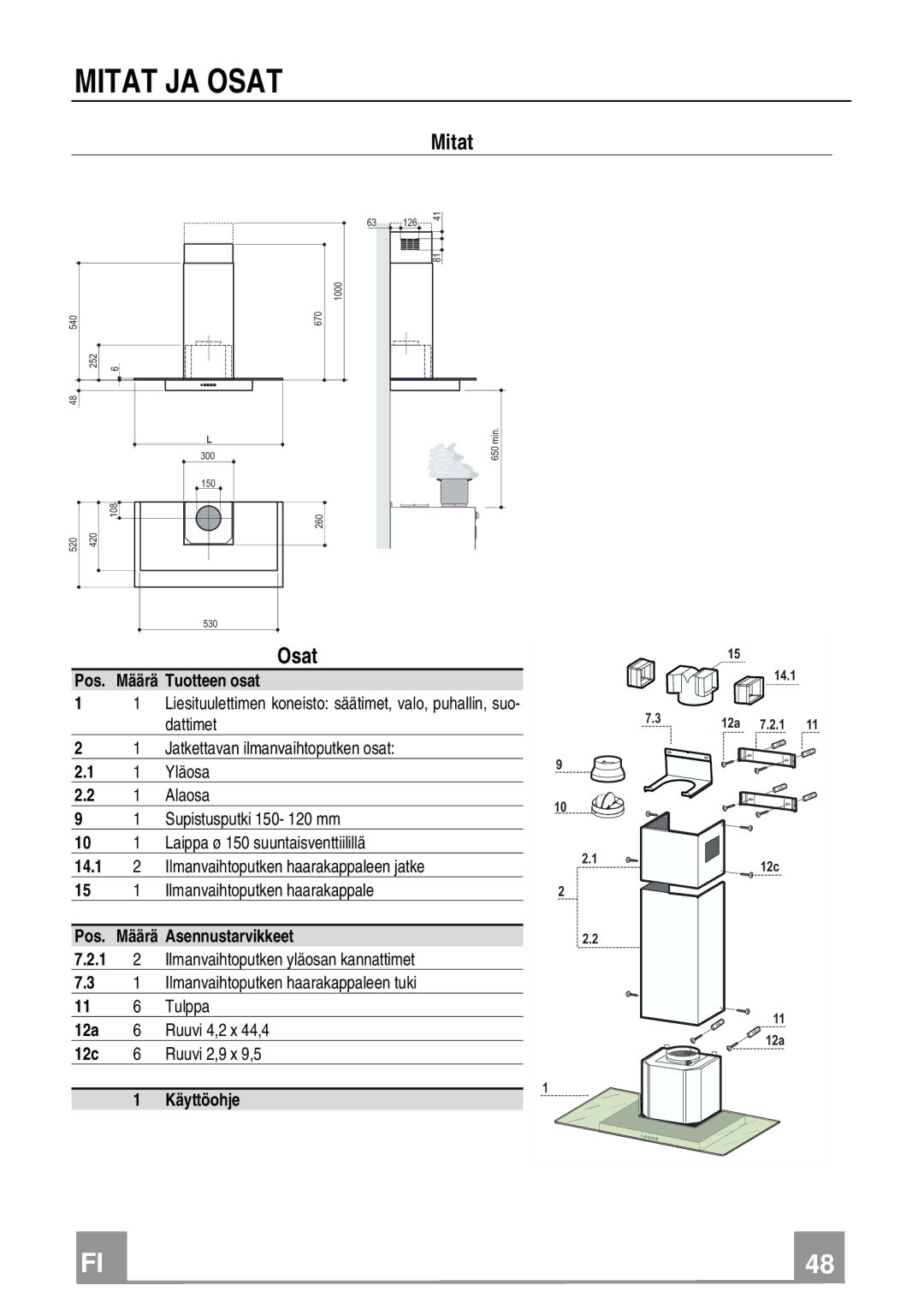 Franke Consumer Products FGL 6104 XS ECS, FGL 9104 XS ECS manual Mitat JA Osat 