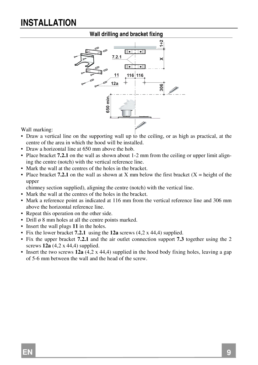 Franke Consumer Products FGL 9104 XS ECS, FGL 6104 XS ECS manual Installation, Wall drilling and bracket fixing 