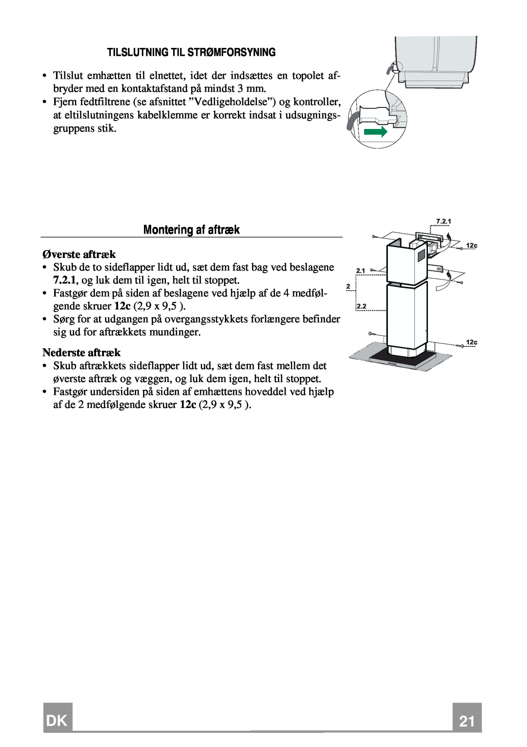 Franke Consumer Products FGL 9104 XS ECS manual Montering af aftræk, Tilslutning Til Strømforsyning, Øverste aftræk 