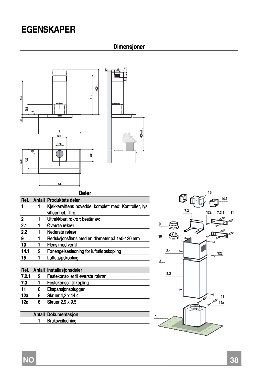 Franke Consumer Products FGL 6104 XS ECS, FGL 9104 XS ECS manual Deler, Dimensjoner, Egenskaper 