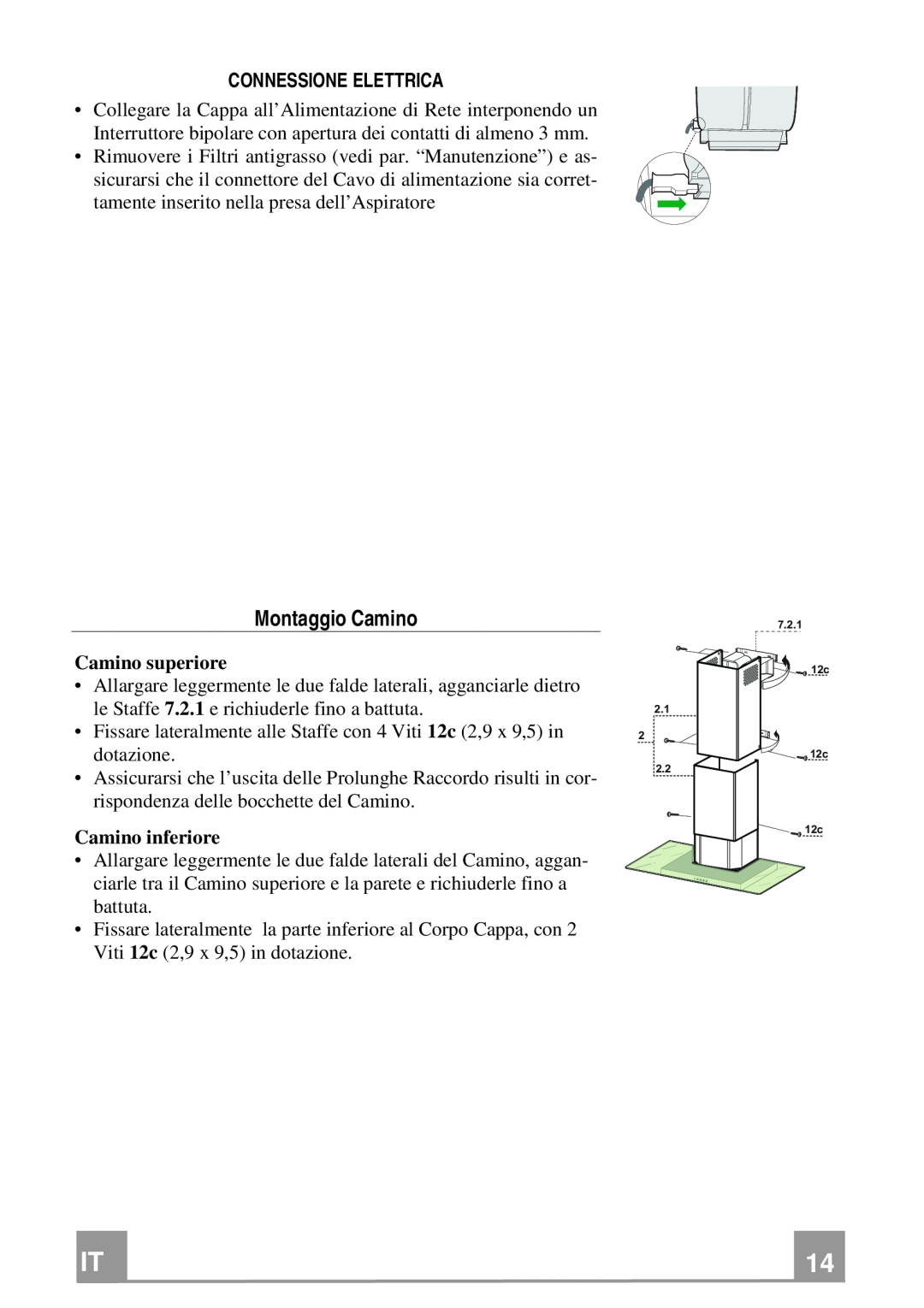 Franke Consumer Products FGL 6015 XS manual Montaggio Camino, Camino superiore, Camino inferiore, Connessione Elettrica 