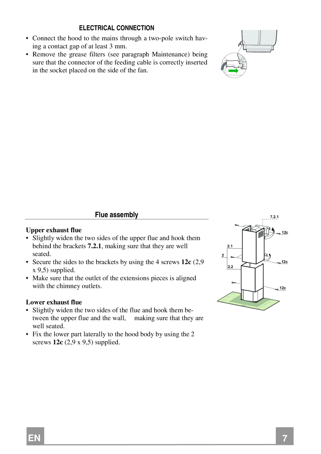 Franke Consumer Products FGL 7015 XS manual Flue assembly, Upper exhaust flue, Lower exhaust flue, Electrical Connection 