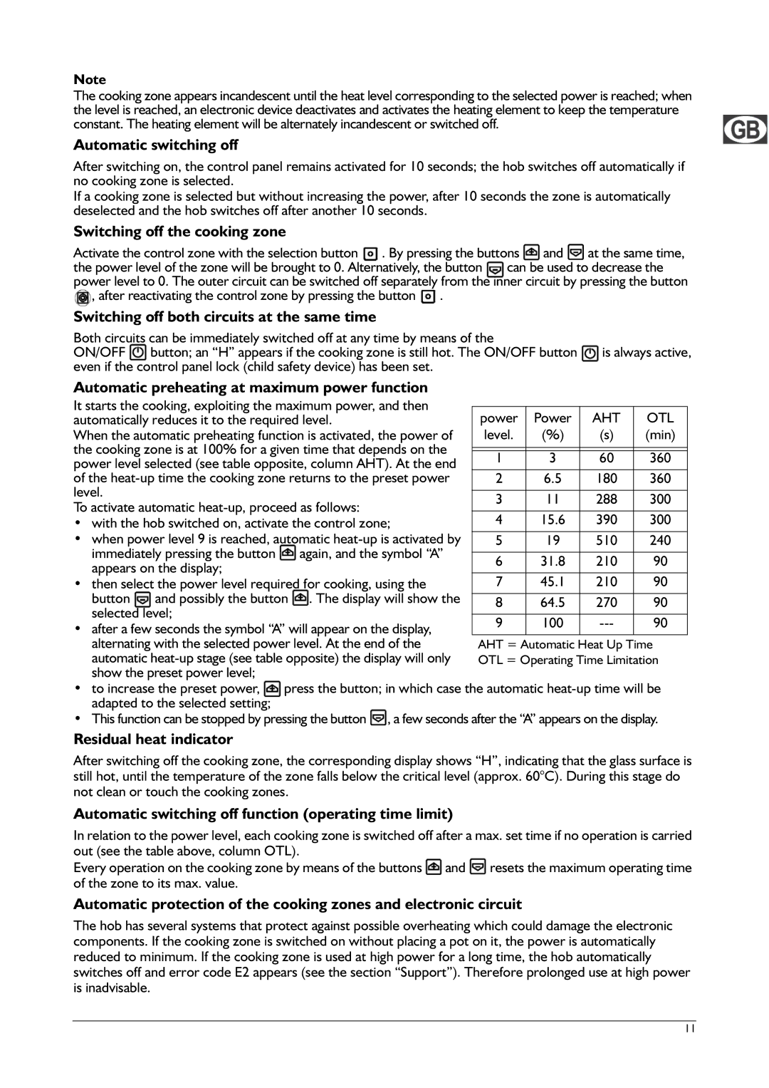 Franke Consumer Products FHPL 301 1CO Automatic switching off, Switching off the cooking zone, Residual heat indicator 