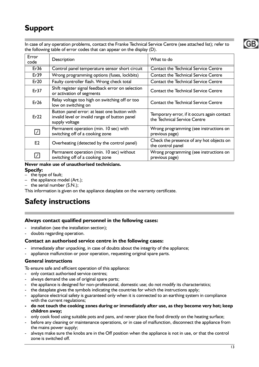 Franke Consumer Products FHPL 301 1CO installation instructions Support, Safety instructions 