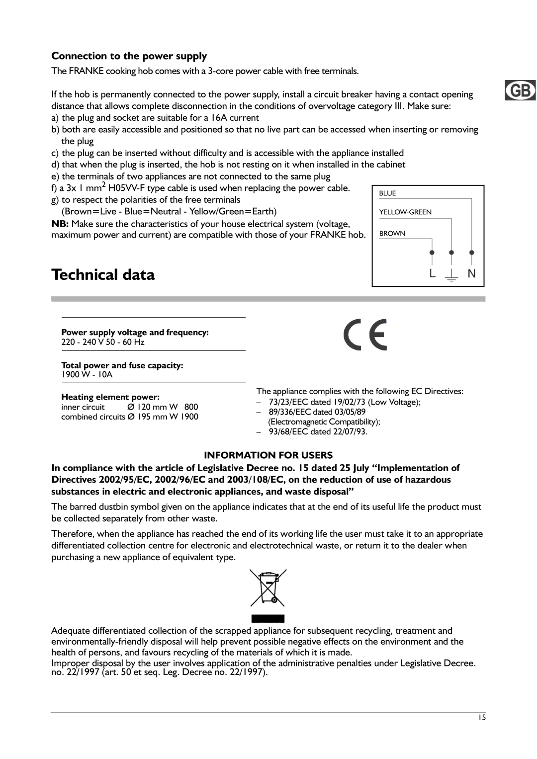 Franke Consumer Products FHPL 301 1CO Technical data, Connection to the power supply, Information for Users 