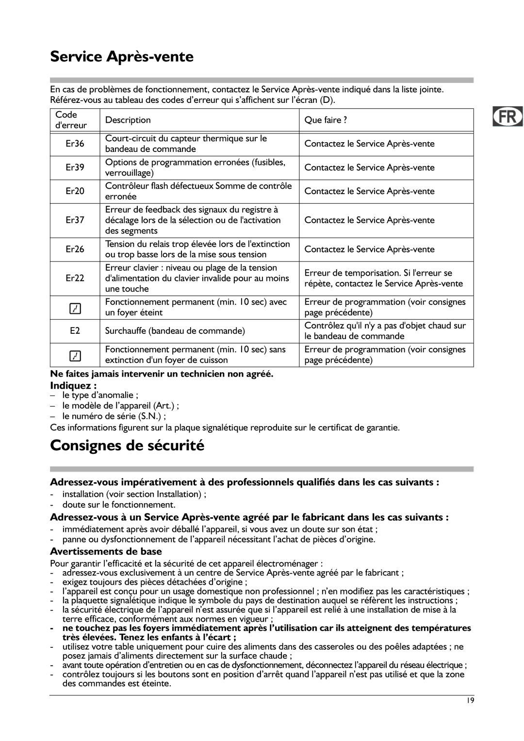 Franke Consumer Products FHPL 301 1CO Service Après-vente, Consignes de sécurité, Indiquez, Avertissements de base 