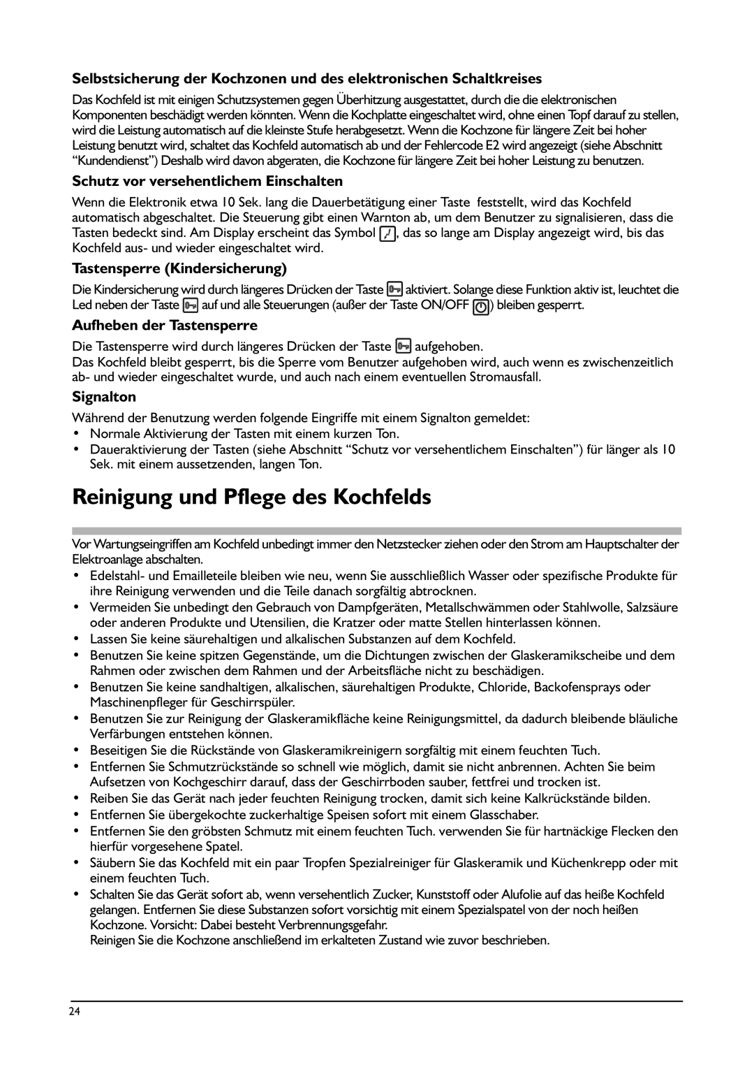 Franke Consumer Products FHPL 301 1CO Reinigung und Pflege des Kochfelds, Schutz vor versehentlichem Einschalten 