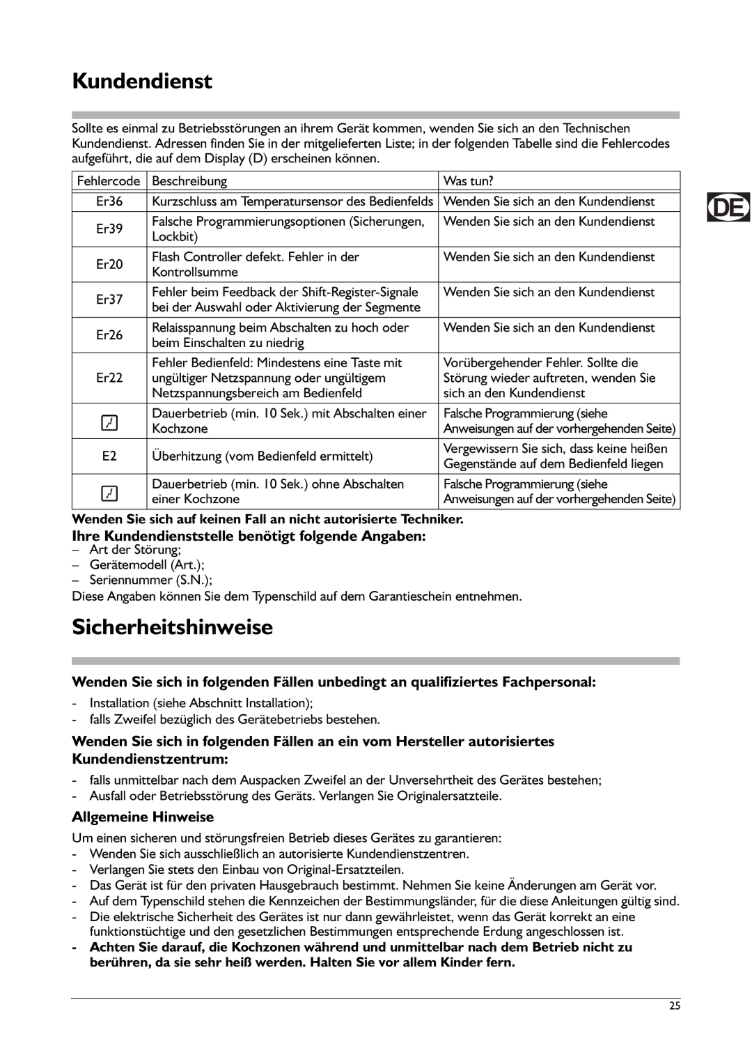 Franke Consumer Products FHPL 301 1CO Sicherheitshinweise, Ihre Kundendienststelle benötigt folgende Angaben 