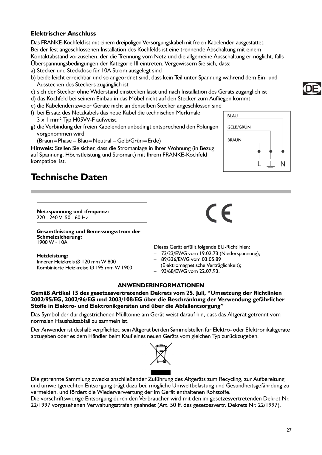 Franke Consumer Products FHPL 301 1CO Technische Daten, Elektrischer Anschluss, Anwenderinformationen 