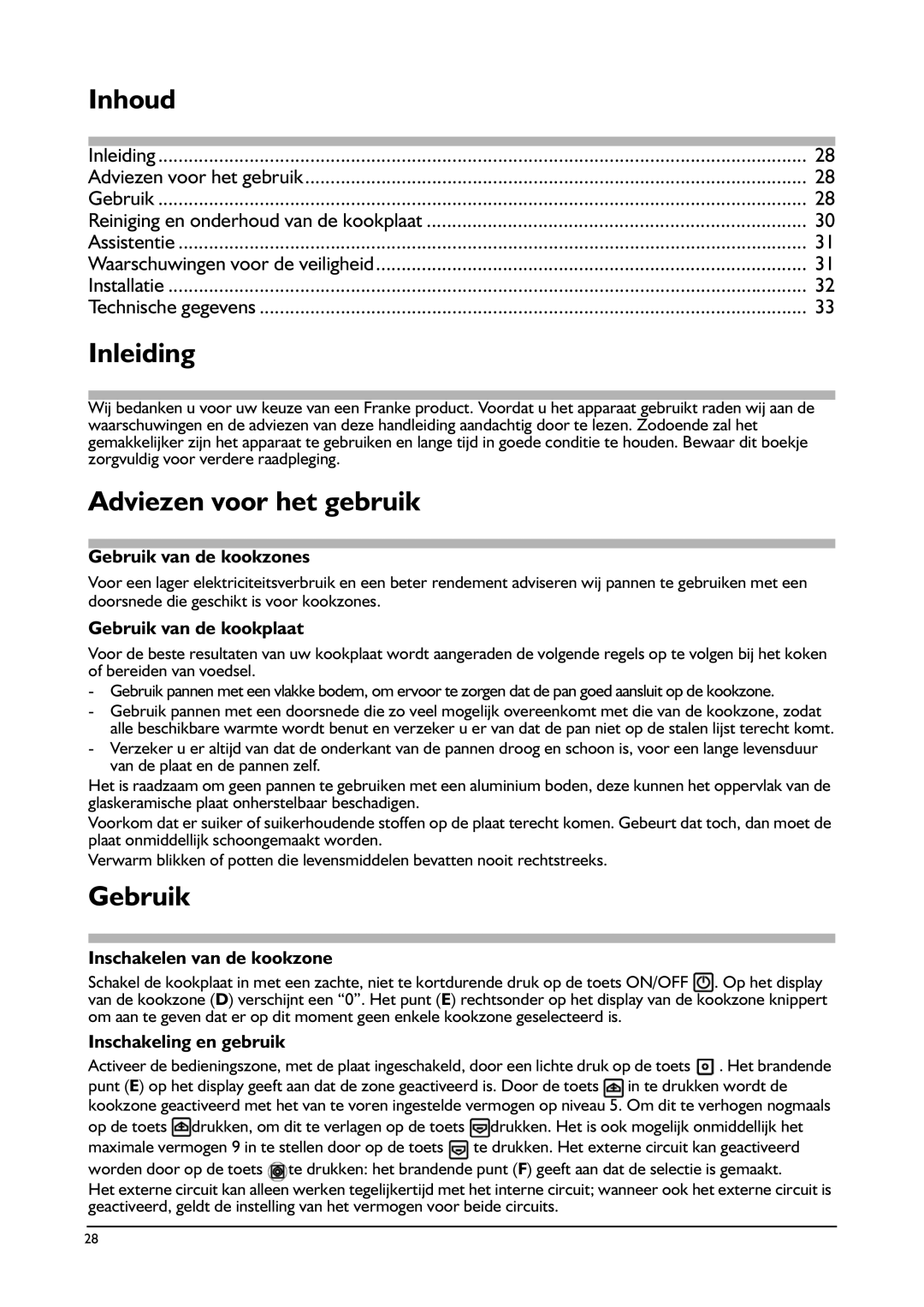 Franke Consumer Products FHPL 301 1CO installation instructions Inhoud, Inleiding, Adviezen voor het gebruik, Gebruik 