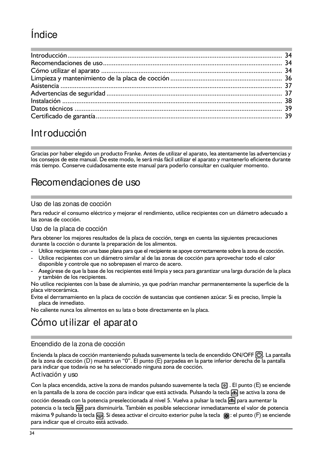 Franke Consumer Products FHPL 301 1CO Índice, Introducción, Recomendaciones de uso, Cómo utilizar el aparato 