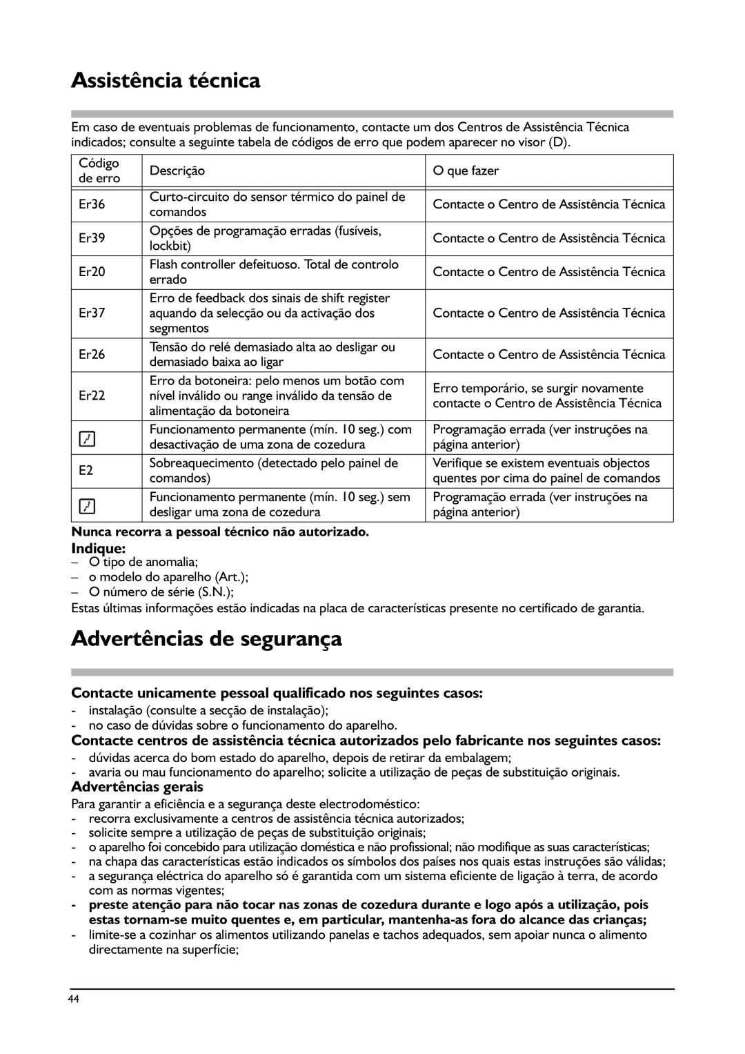 Franke Consumer Products FHPL 301 1CO Assistência técnica, Advertências de segurança, Indique, Advertências gerais 