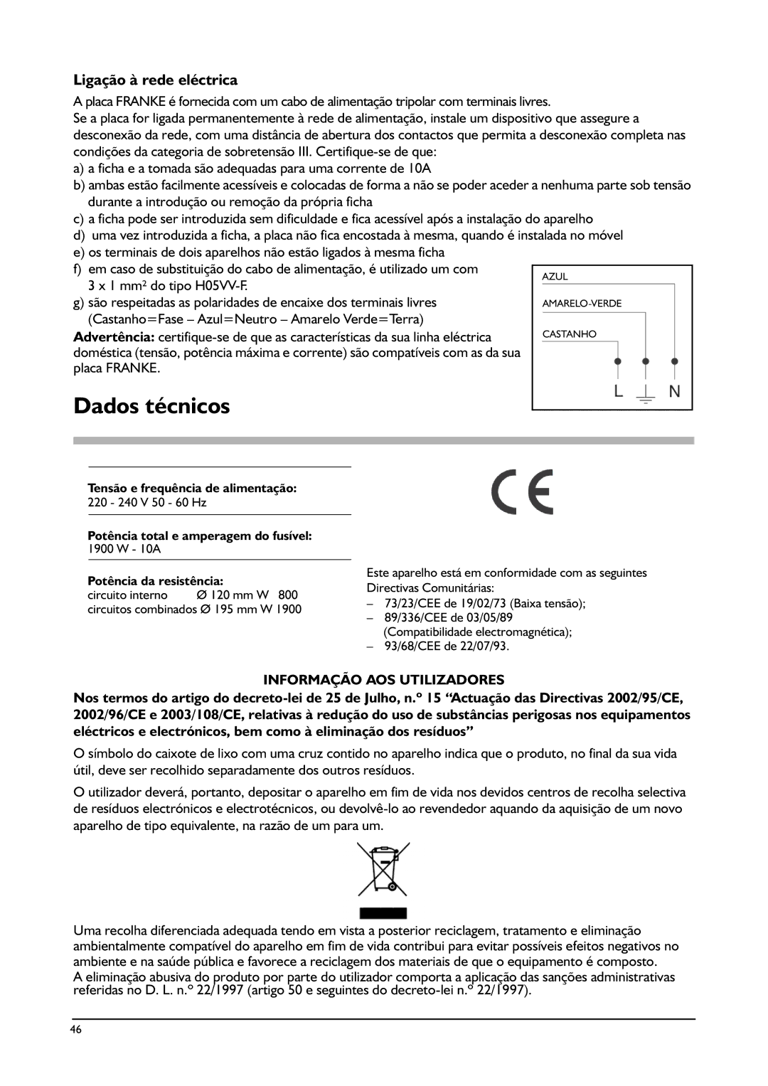 Franke Consumer Products FHPL 301 1CO Dados técnicos, Ligação à rede eléctrica, Informação AOS Utilizadores 