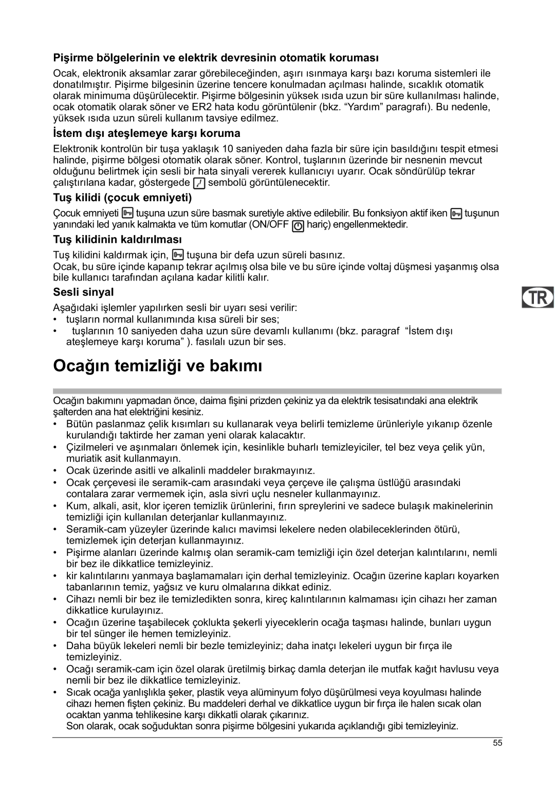 Franke Consumer Products FHPL 301 1CO Oca÷ın temizli÷i ve bakımı, Østem dıúı ateúlemeye karúı koruma, Sesli sinyal 