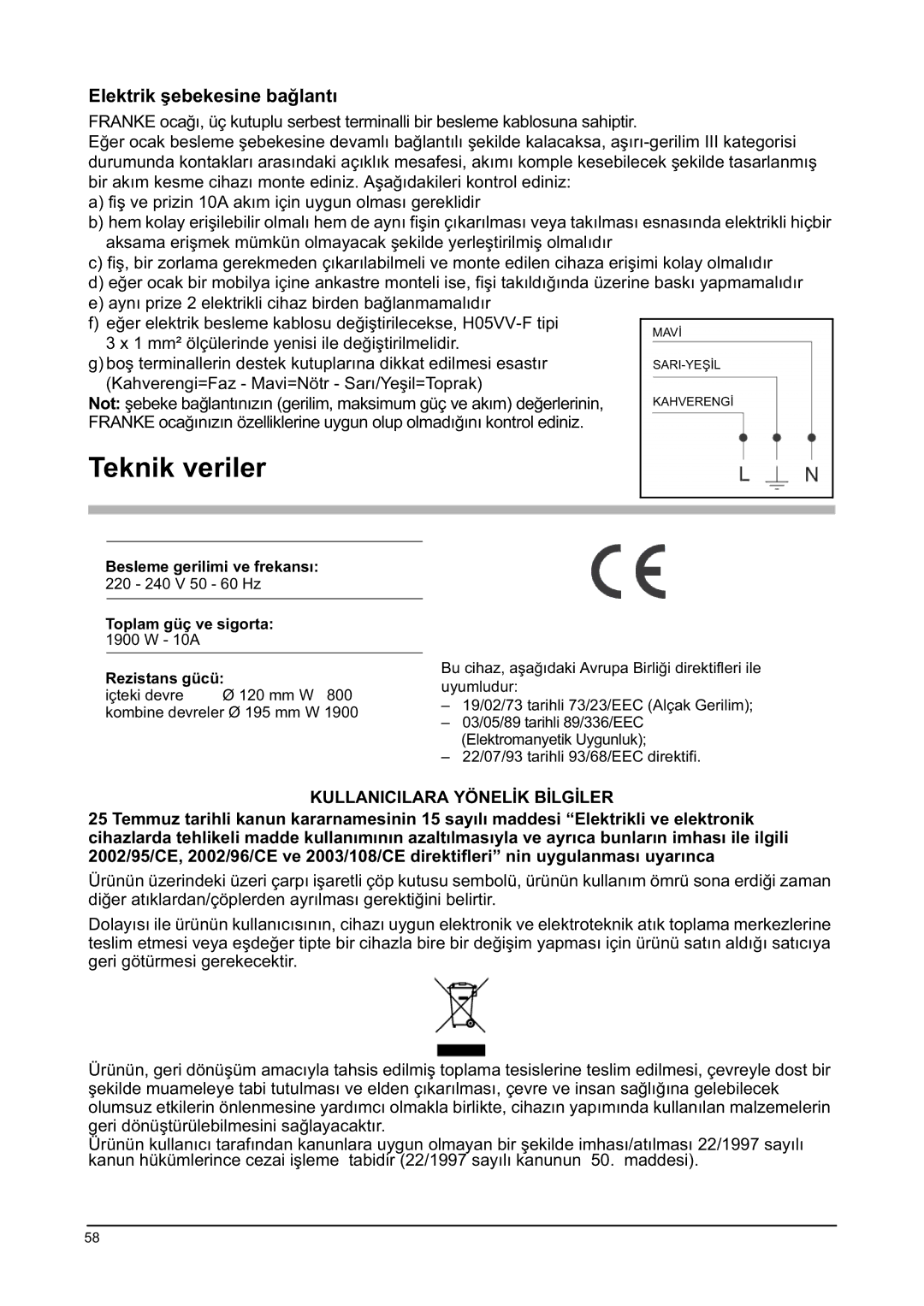 Franke Consumer Products FHPL 301 1CO installation instructions Teknik veriler, Elektrik úebekesine ba÷lantı 