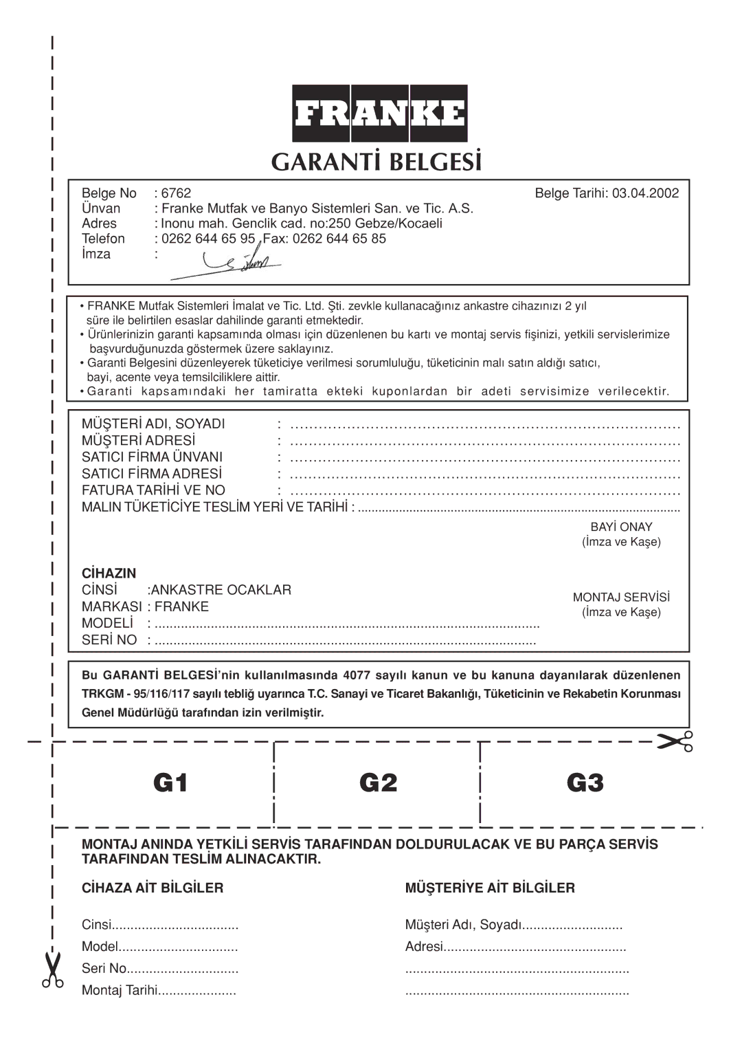 Franke Consumer Products FHPL 301 1CO installation instructions Garant‹ Belges‹ 