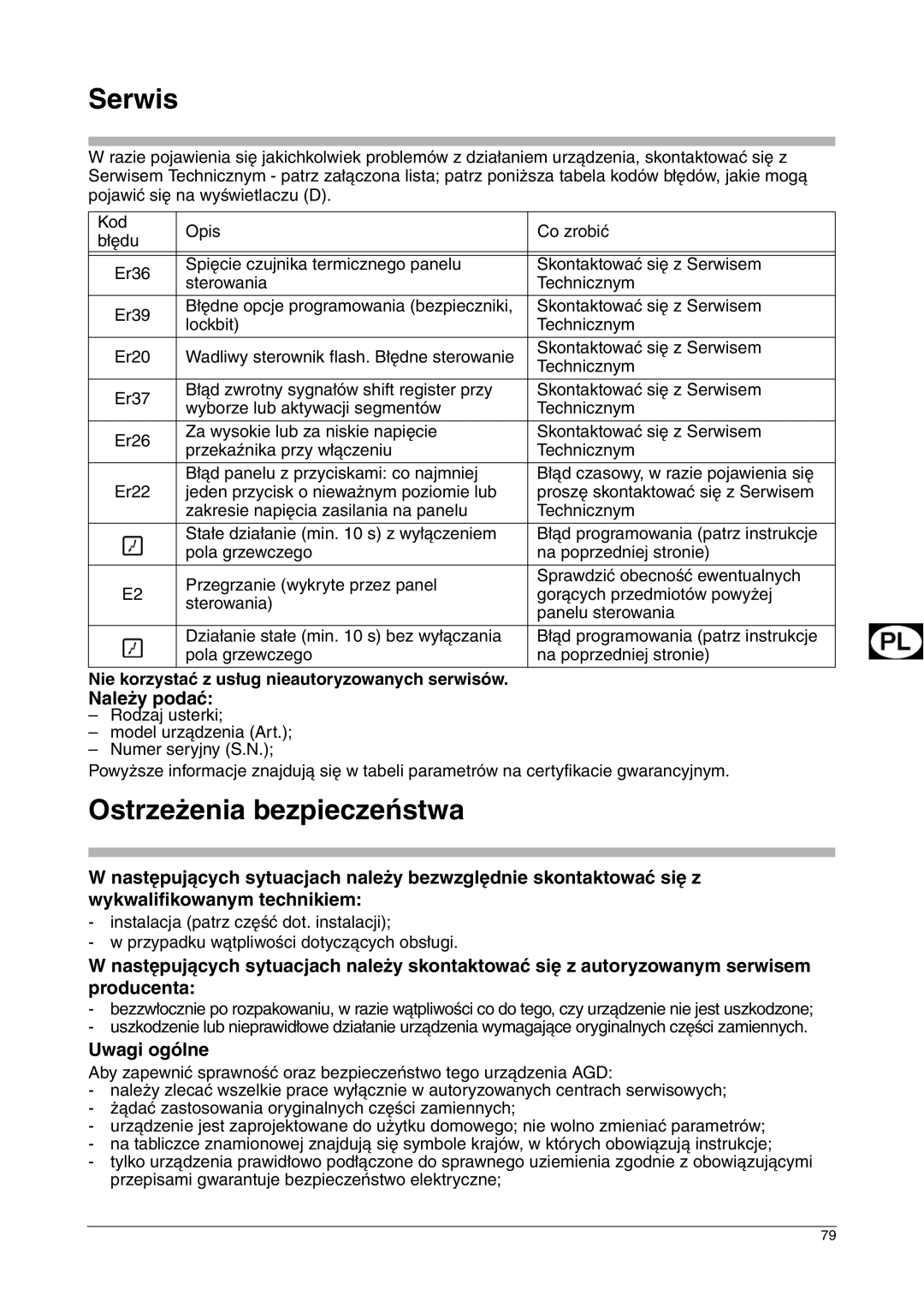 Franke Consumer Products FHPL 301 1CO Serwis, Ostrzeżenia bezpieczeństwa, Należy podać, Uwagi ogólne 