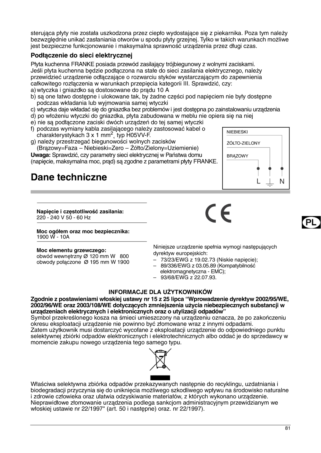 Franke Consumer Products FHPL 301 1CO Dane techniczne, Podłączenie do sieci elektrycznej, Informacje DLA Użytkowników 