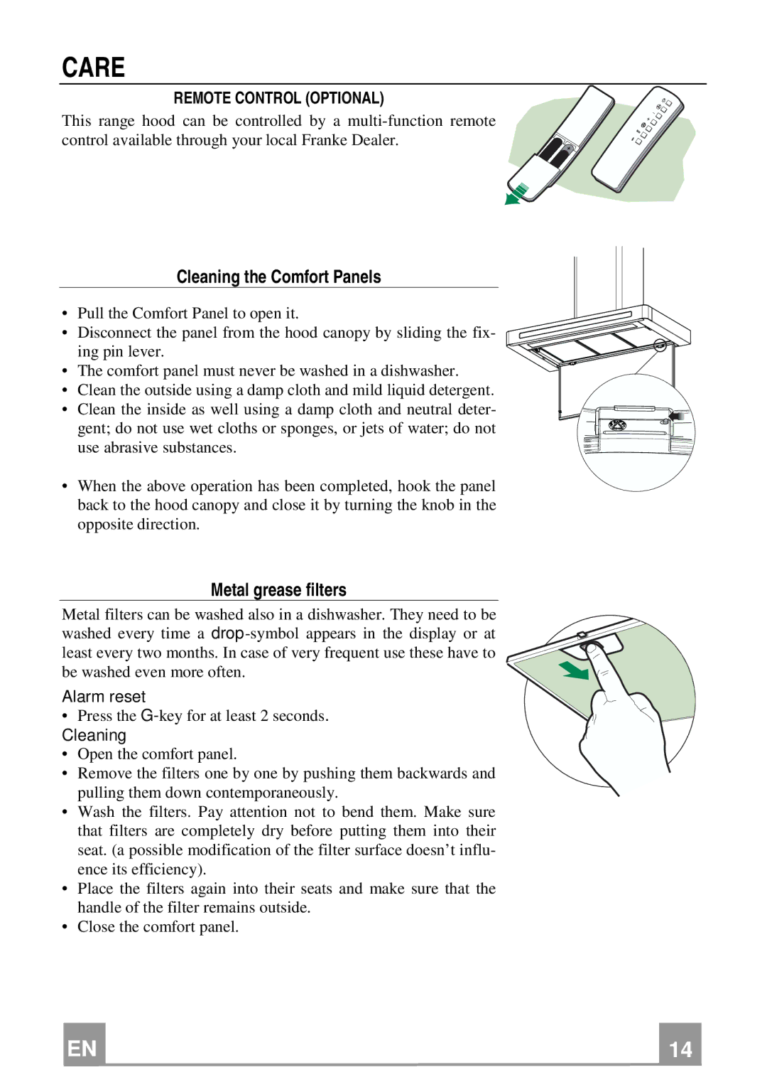 Franke Consumer Products FKU 368 TC I Care, Cleaning the Comfort Panels, Metal grease filters, Remote Control Optional 