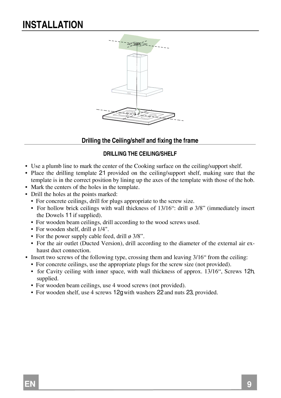 Franke Consumer Products FKU 368 TC I Installation, Drilling the Ceiling/shelf and fixing the frame 