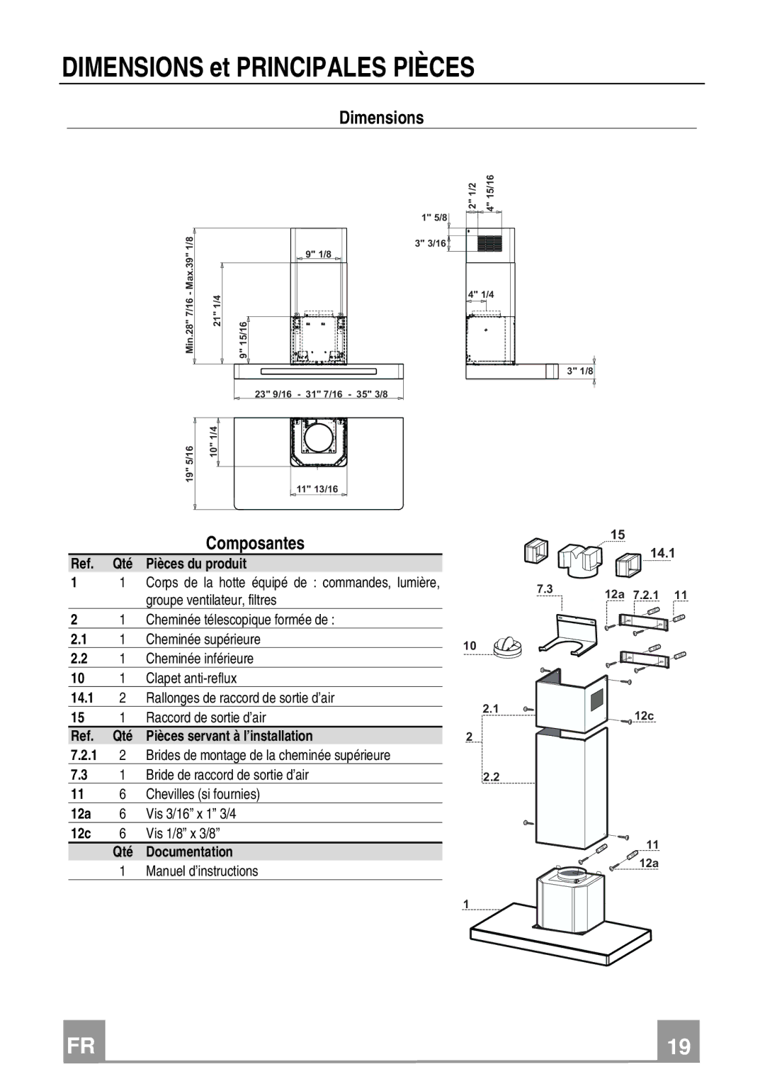 Franke Consumer Products FKU 368 TC W installation instructions Dimensions et Principales Pièces, Composantes 