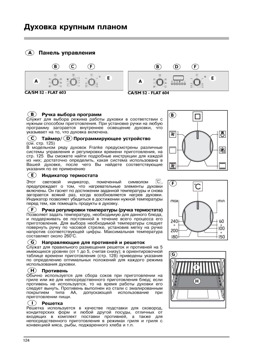 Franke Consumer Products FLAT 603, SM 56M, CA 52M, FLAT 604, SM 52M manual Духовка крупным планом, Панель управления 