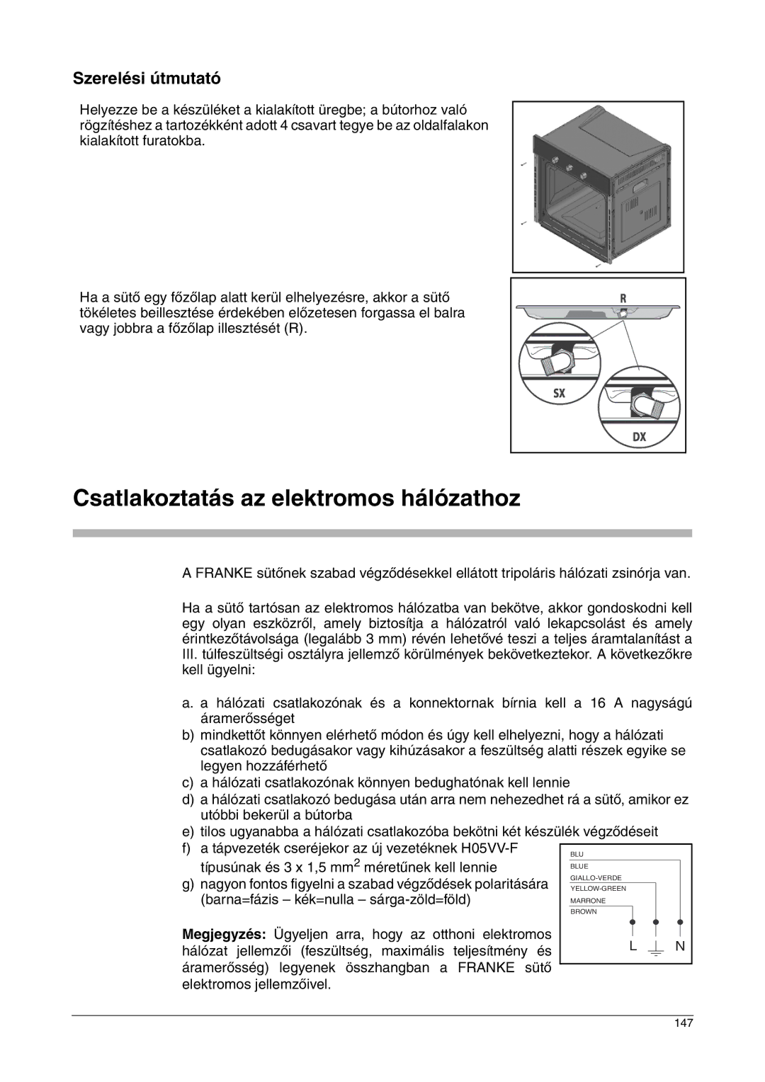 Franke Consumer Products FLAT 604, FLAT 603, SM 56M, CA 52M manual Csatlakoztatás az elektromos hálózathoz, Szerelési útmutató 