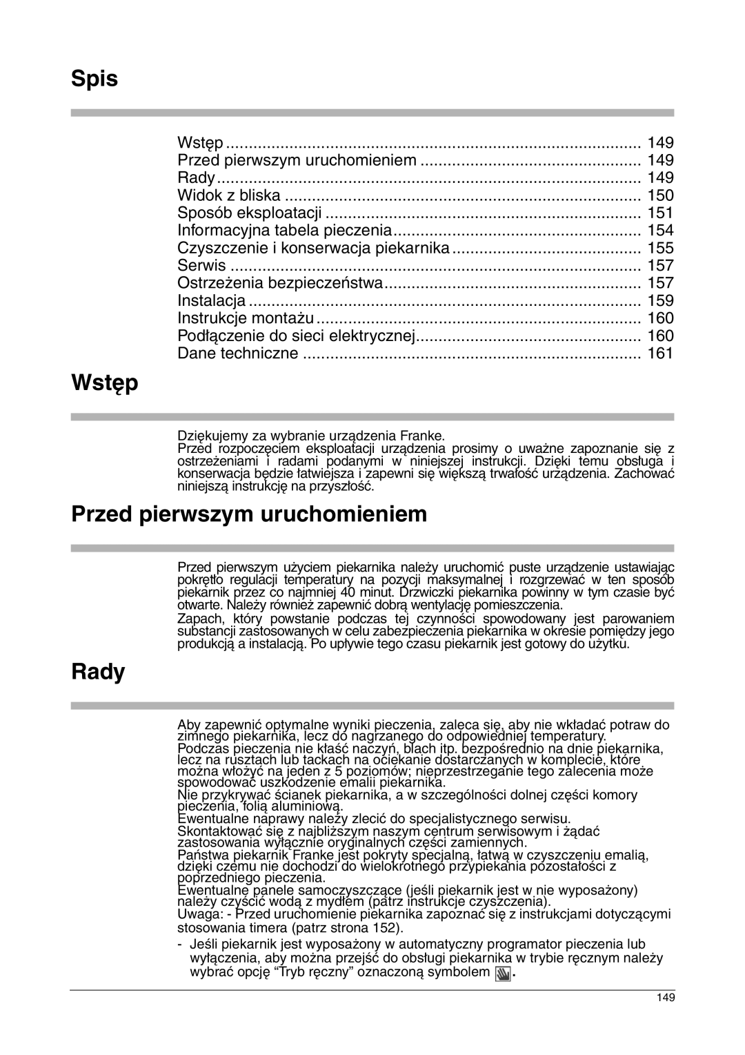 Franke Consumer Products FLAT 603, SM 56M, CA 52M, FLAT 604, SM 52M manual Spis, Wstęp, Przed pierwszym uruchomieniem, Rady 