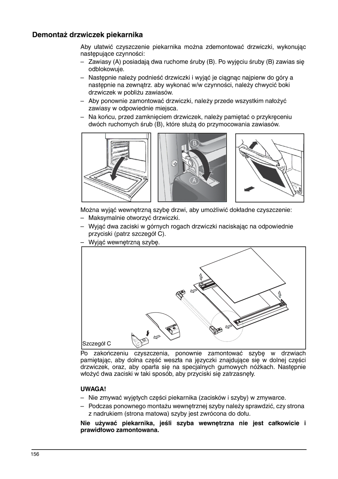 Franke Consumer Products CA 52M, FLAT 603, SM 56M, FLAT 604, SM 52M manual Demontaż drzwiczek piekarnika, Uwaga 