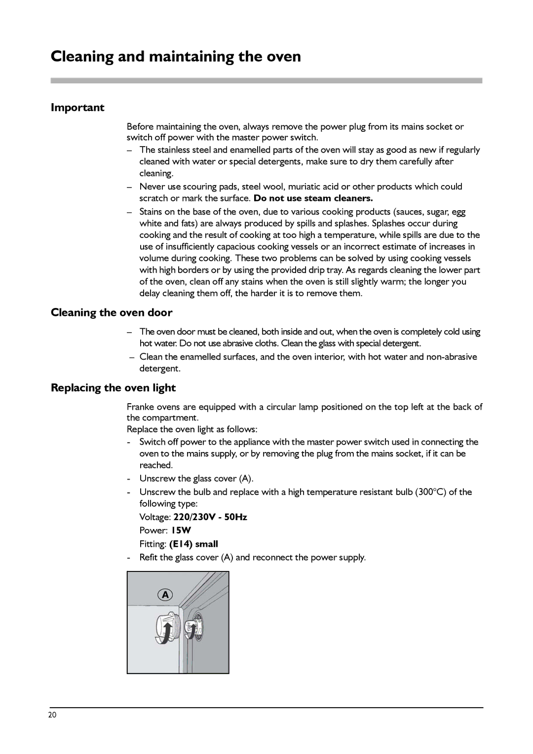 Franke Consumer Products SM 56M manual Cleaning and maintaining the oven, Cleaning the oven door, Replacing the oven light 