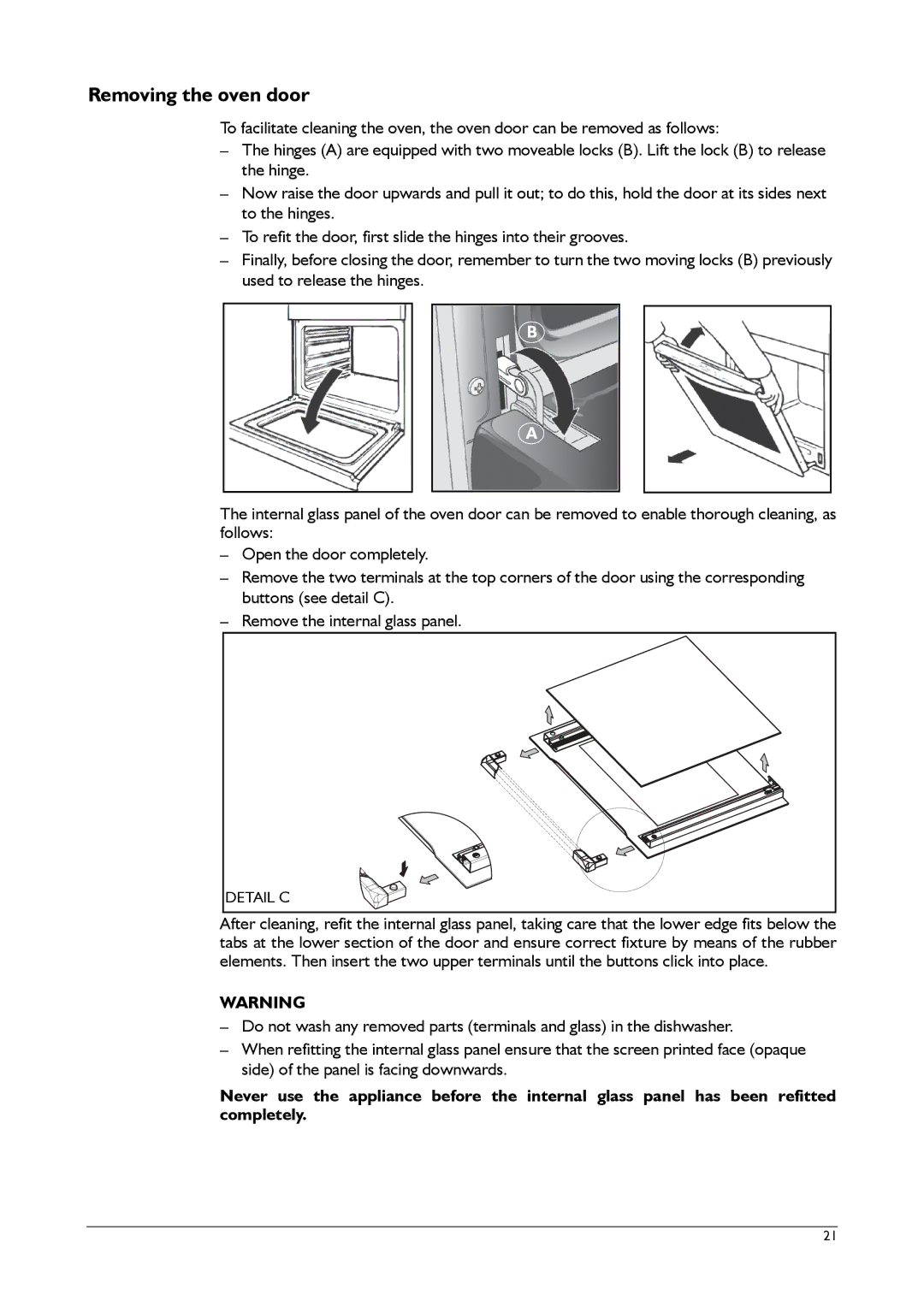 Franke Consumer Products CA 52M, FLAT 603, SM 56M, FLAT 604, SM 52M manual Removing the oven door, Detail C 