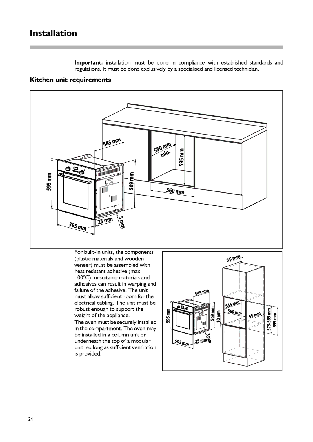 Franke Consumer Products FLAT 603, SM 56M, CA 52M, FLAT 604, SM 52M manual Installation, Kitchen unit requirements 