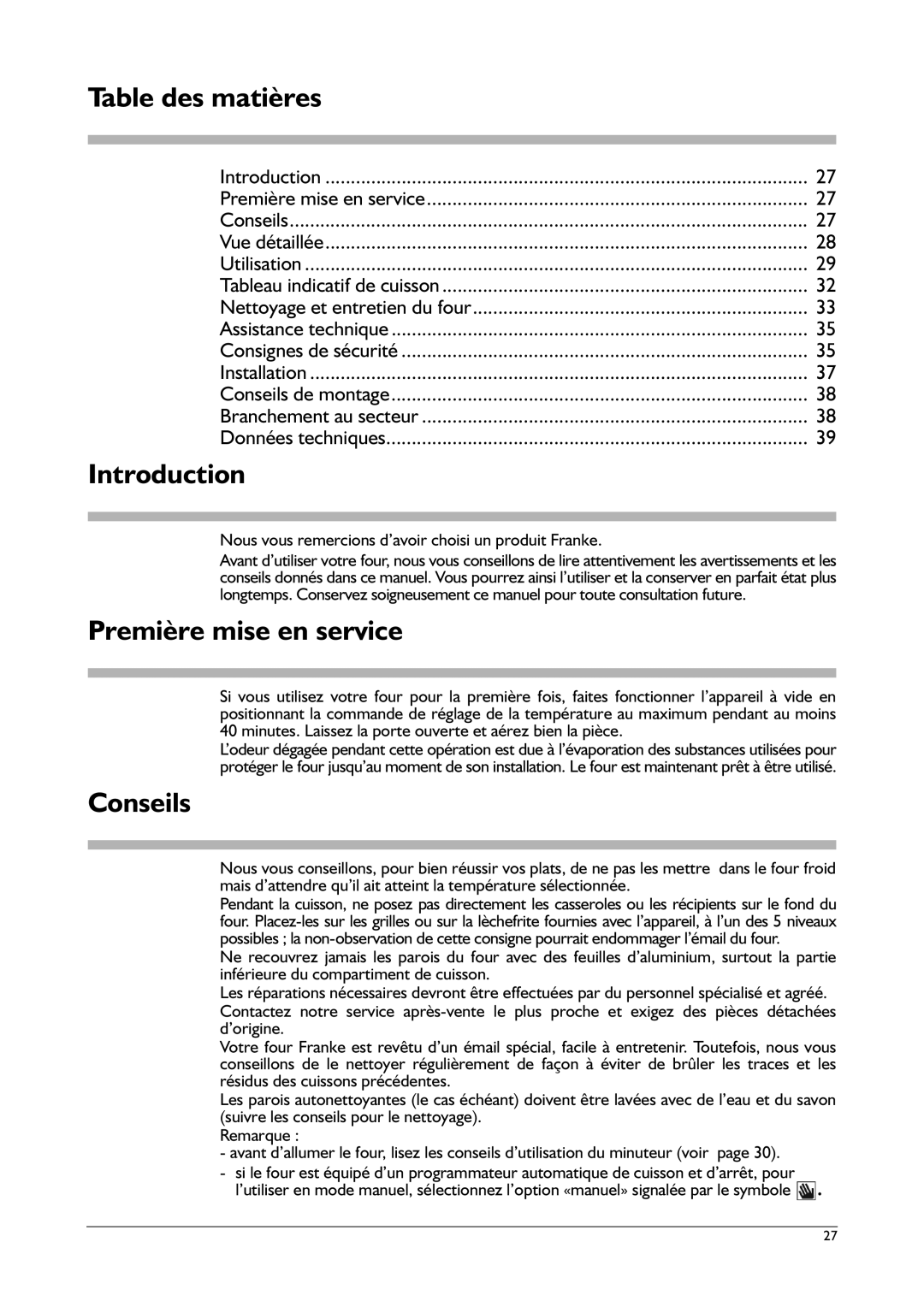 Franke Consumer Products FLAT 604, FLAT 603, SM 56M, CA 52M, SM 52M Table des matières, Première mise en service, Conseils 