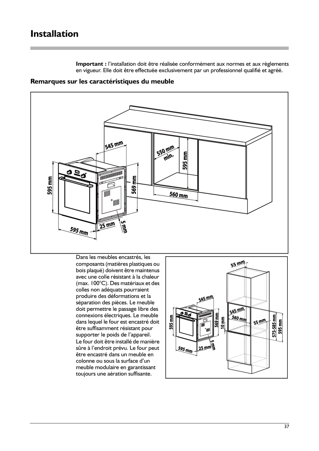 Franke Consumer Products FLAT 604, FLAT 603, SM 56M, CA 52M manual Installation, Remarques sur les caractéristiques du meuble 