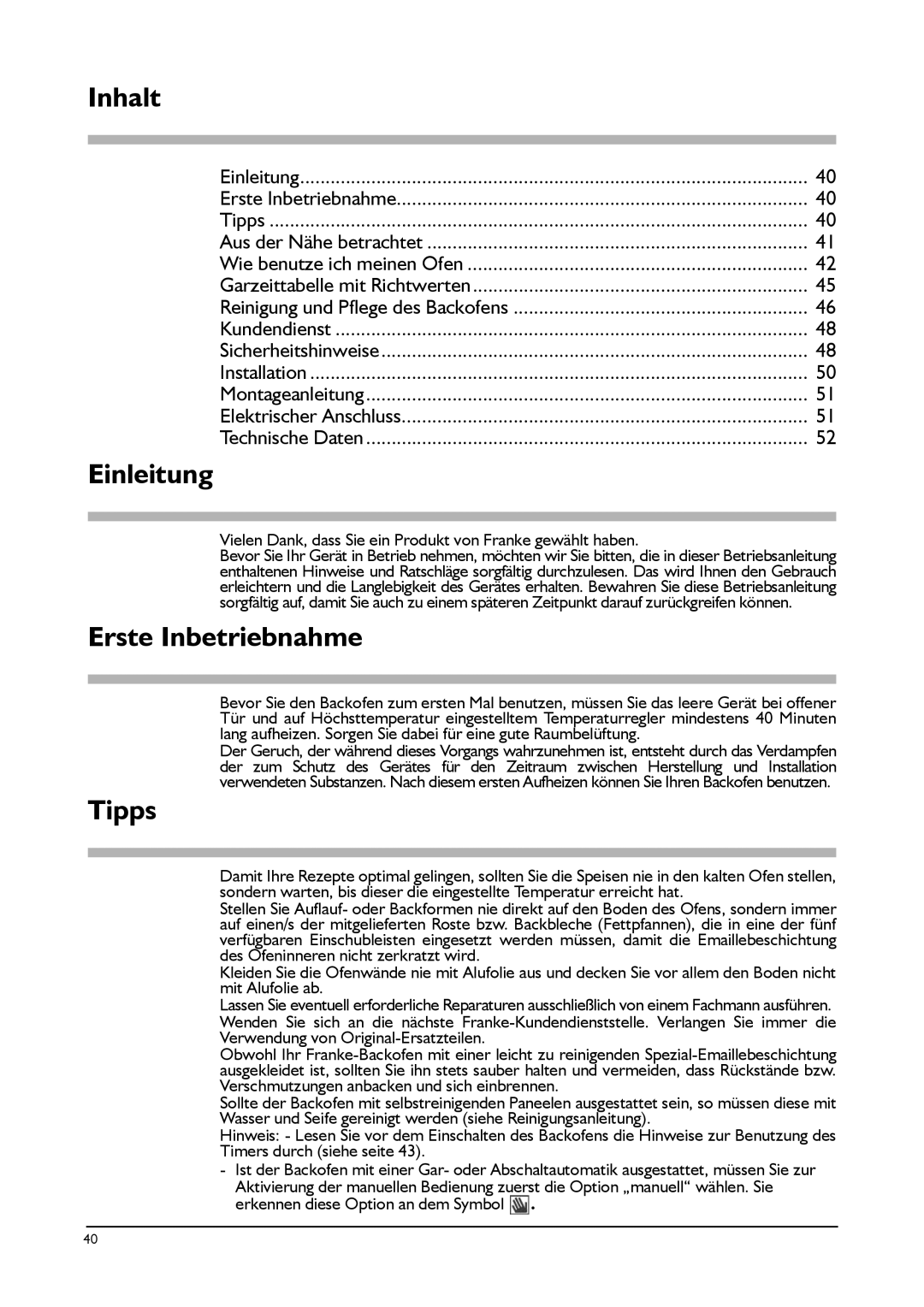 Franke Consumer Products SM 56M, FLAT 603, CA 52M, FLAT 604, SM 52M manual Inhalt, Einleitung, Erste Inbetriebnahme, Tipps 