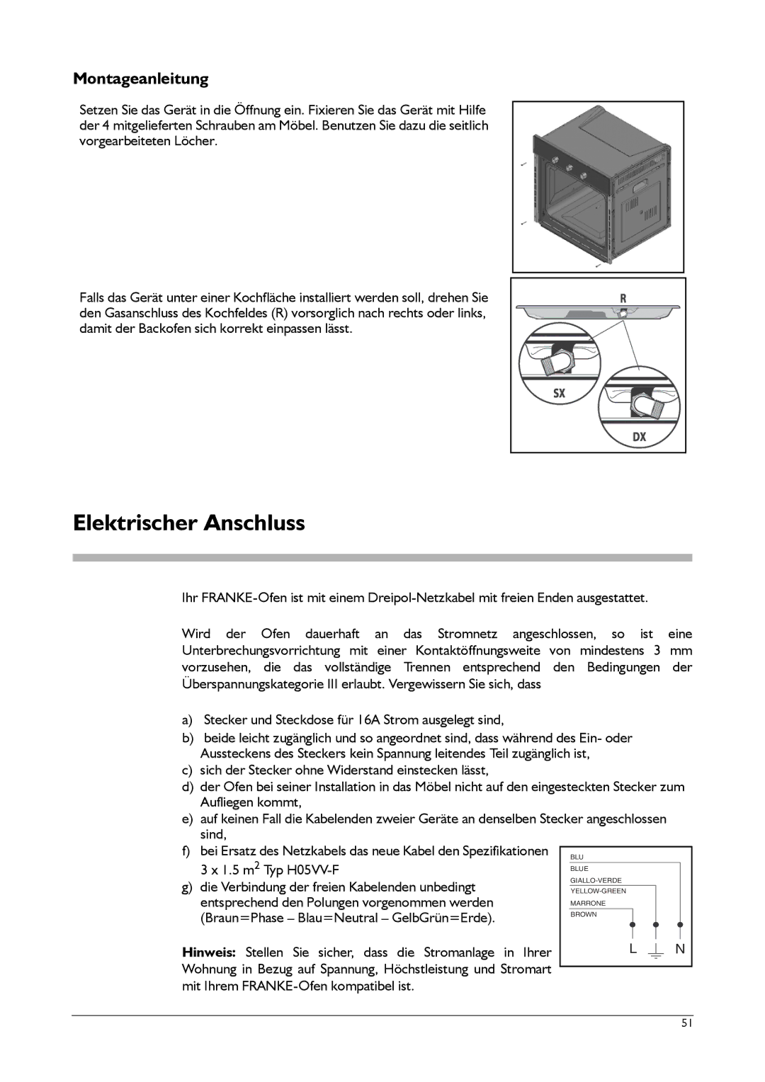 Franke Consumer Products CA 52M, FLAT 603, SM 56M, FLAT 604, SM 52M manual Elektrischer Anschluss, Montageanleitung 