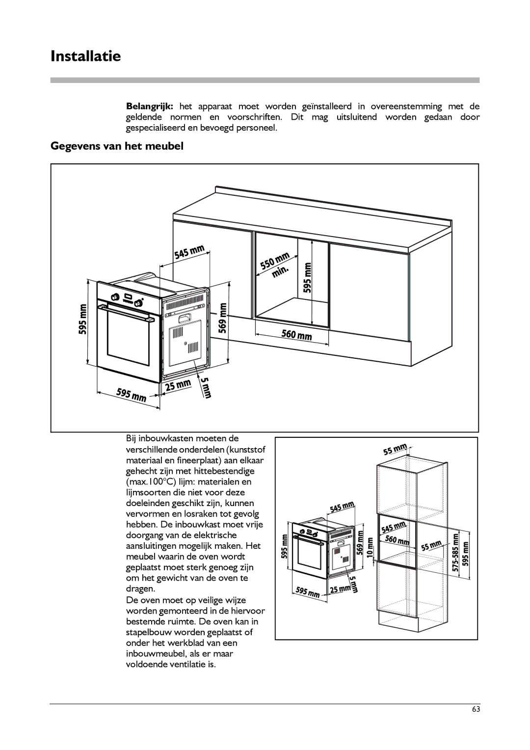 Franke Consumer Products SM 52M, FLAT 603, SM 56M, CA 52M, FLAT 604 manual Installatie, Gegevens van het meubel 