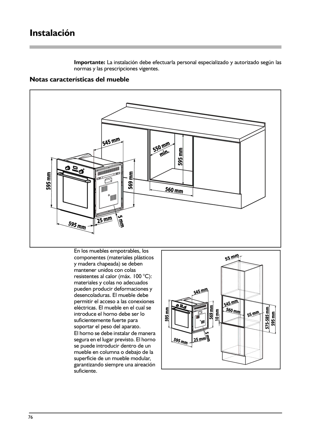 Franke Consumer Products CA 52M, FLAT 603, SM 56M, FLAT 604, SM 52M manual Instalación, Notas características del mueble 